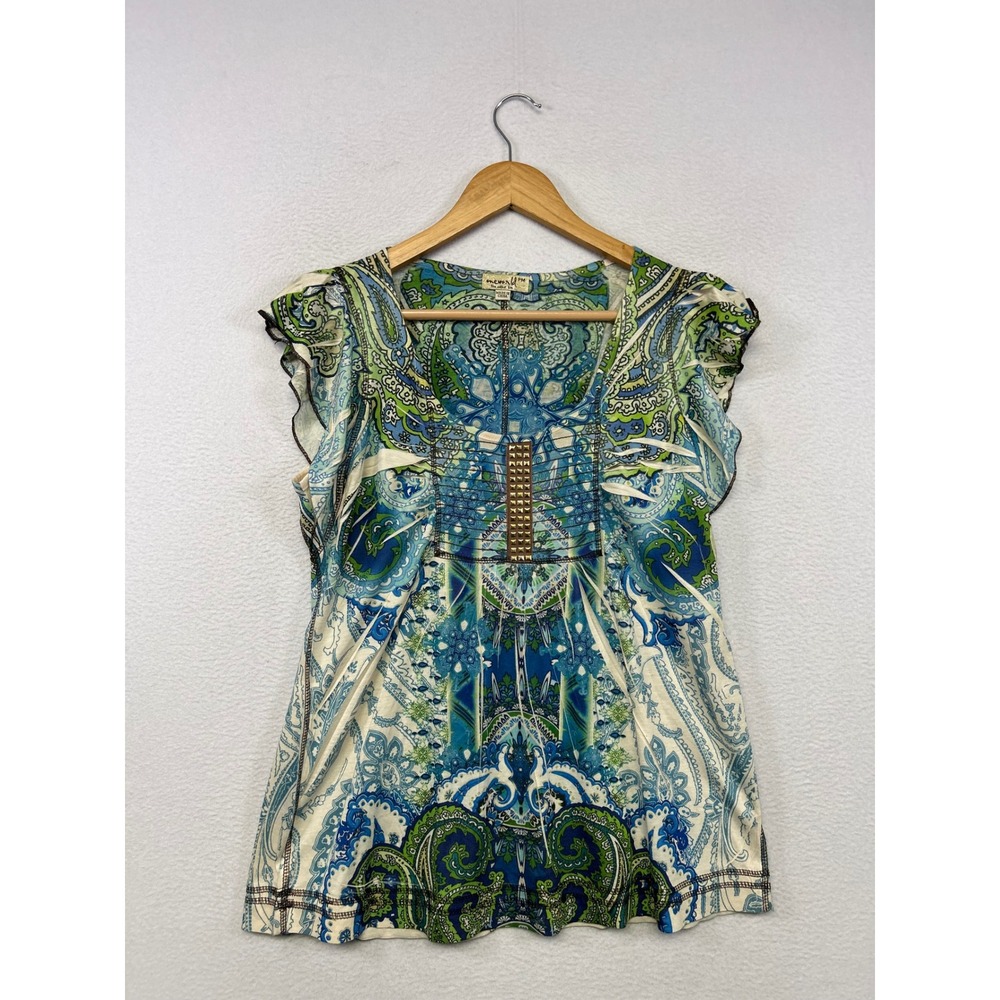 Boho One World Womens PM Blue Green Paisley Studded Flutter Sleeve Top Festival